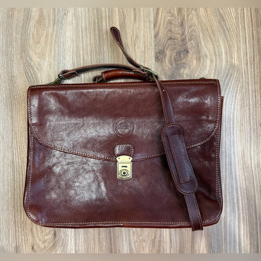 Floto Cenzo Leather Briefcase Messenger Bag Brown Italy LNC